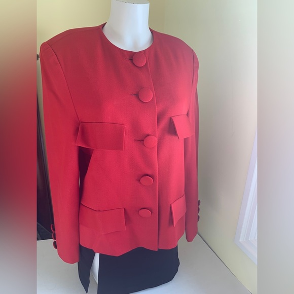 Bright red custom tailored classic chique blazer jacket collarless button-down L - Picture 7 of 13